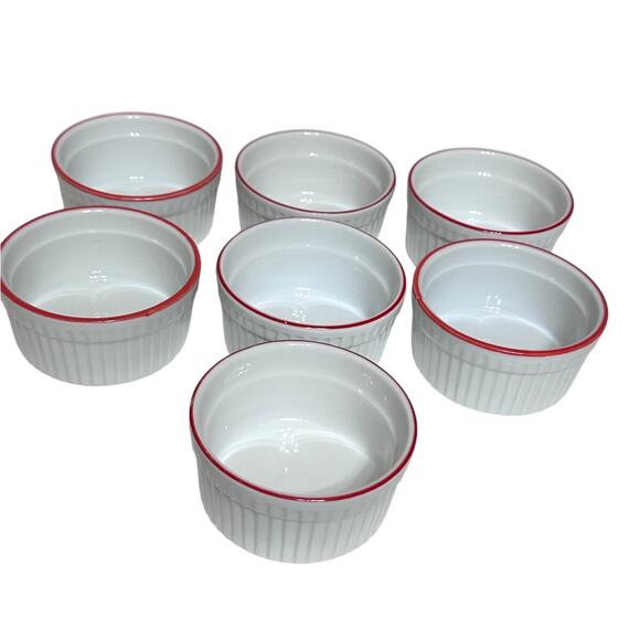 World Market White Ceramic Ribbed Ramekins Red Rim-Set of 7-Excellent! - Picture 6 of 7